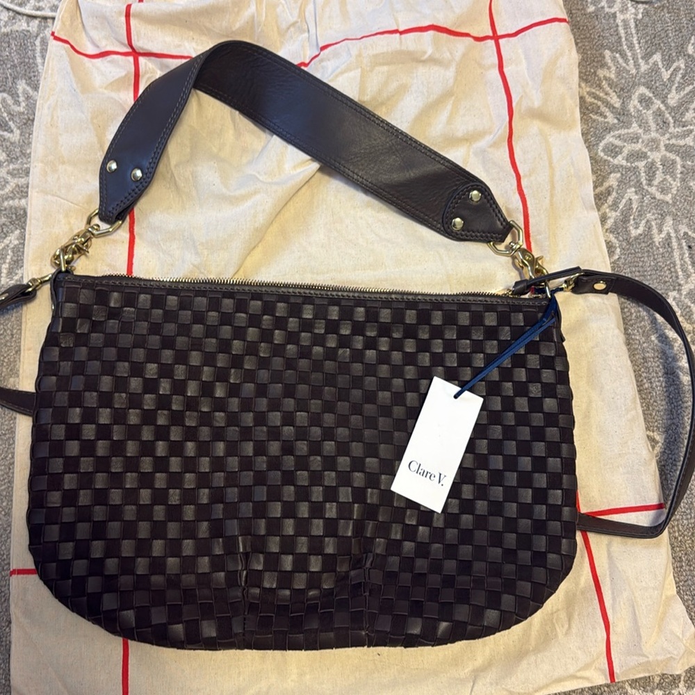 NWOT Clare V Moyen Messenger Mahogany Nappa & Suede Woven Checker